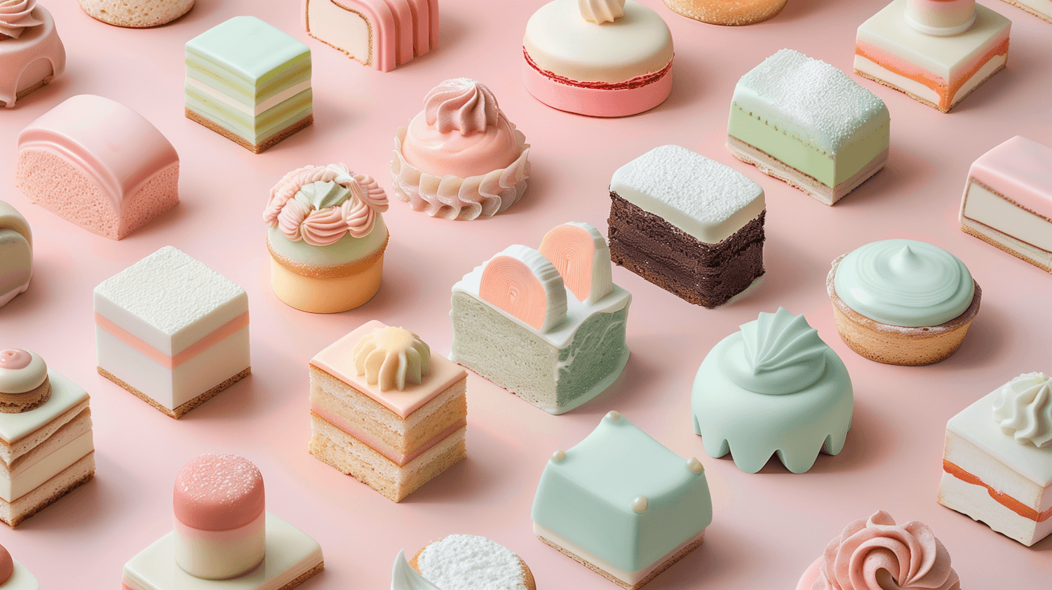 Pastel French pastries arranged as an editorial still life on a pink surface